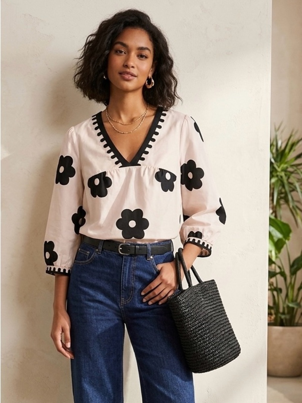 Women's Flowy Lightweight Boho Cream And Black V-Neck Floral Embroidered Top